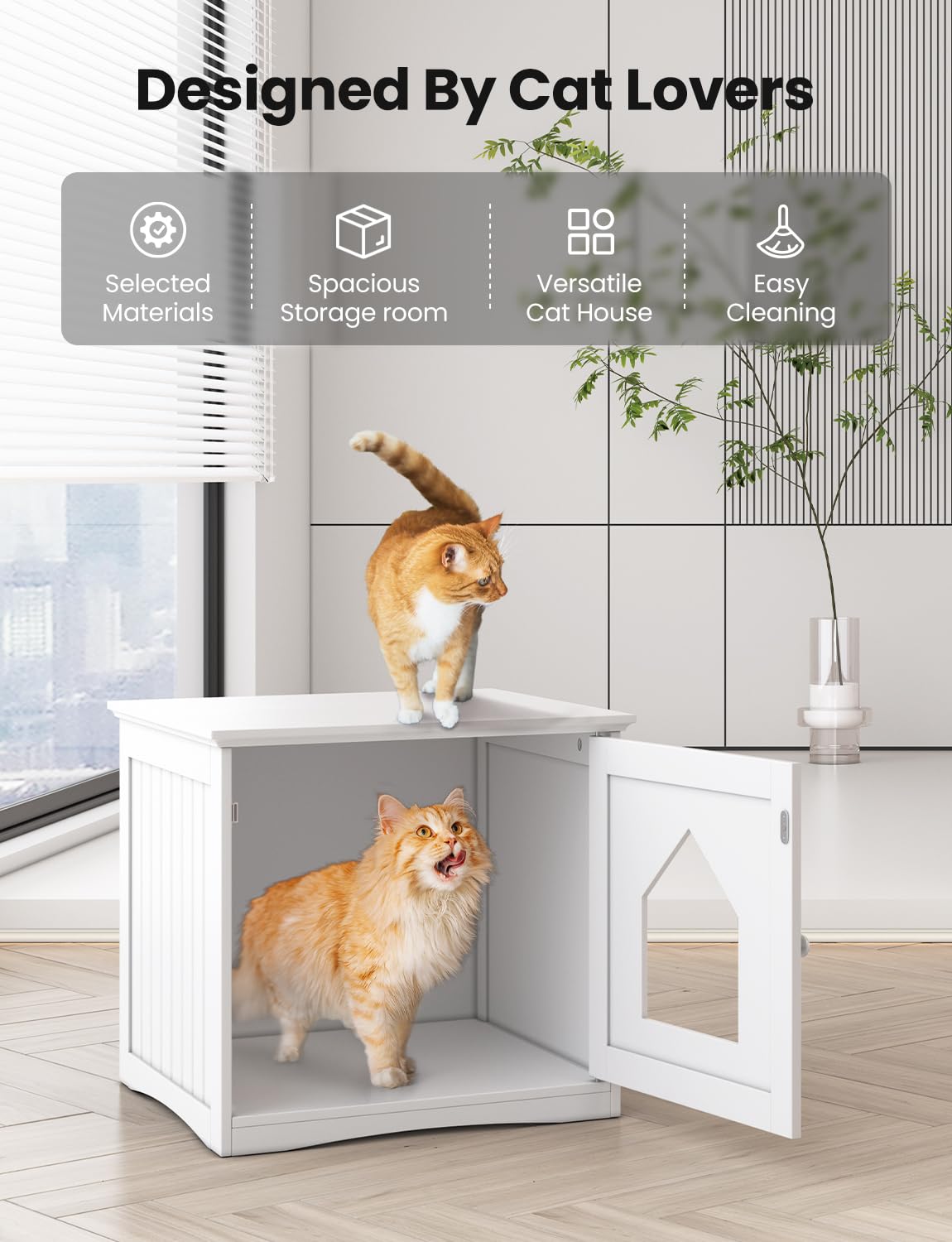 Happaws Cat Litter Box Enclosure Furniture, Modern Box Hidden, Sturdy Wooden Night Stand And Cat House Side Table, Easy Assembly